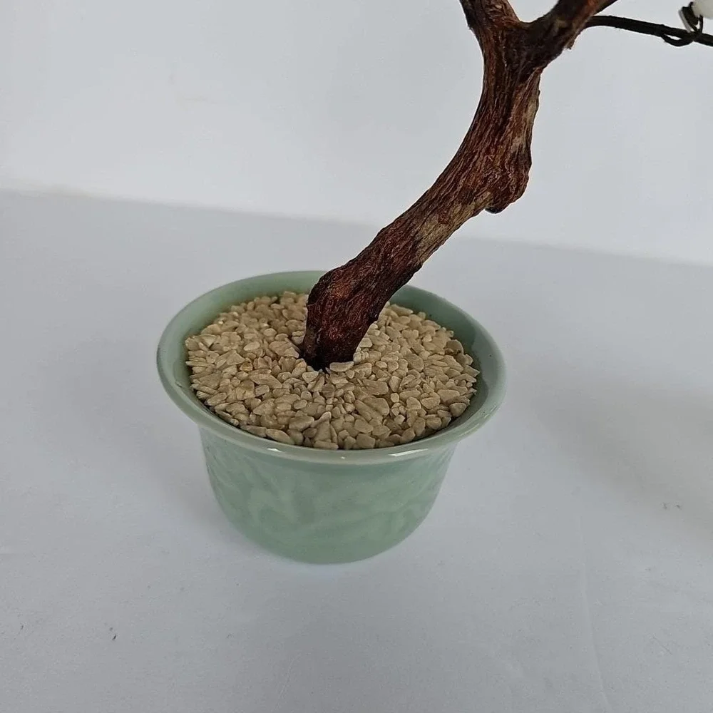Vintage Chinese Glass Bonsai Tree Pair White Plum Blossom Celadon‎ Pot Decor